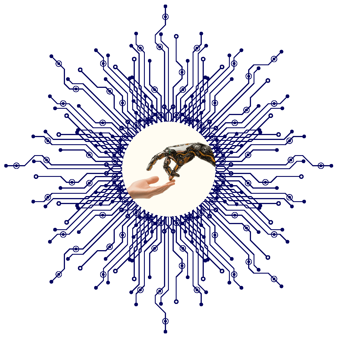 A human hand reaching toward a robotic hand, surrounded by circuits